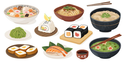 Set on Japanese food on a transparent background
