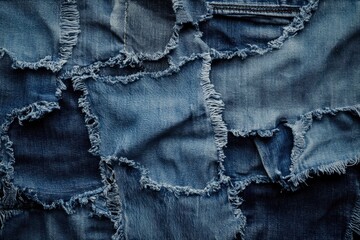 Close-up of distressed denim fabric with frayed edges, showcasing patchwork details and a textured surface.
