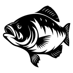 Monochrome illustration of a detailed fish with an open mouth and fins