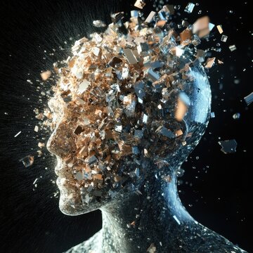 Shattered reflection of human mind in digital art with mosaic fragments on a black background