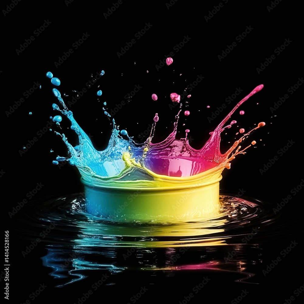 Poster vibrant splash of multicolored paint exploding from a container against a stark black background art