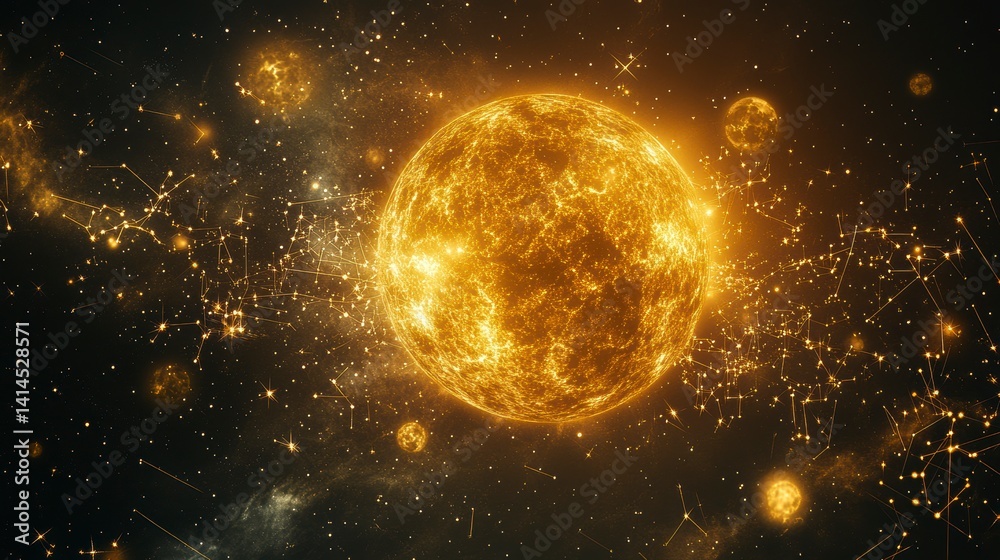 Poster glowing cosmic sphere with constellations and nebulae in space.