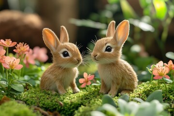 Fototapeta premium Two adorable baby rabbits amidst a blossoming spring garden.