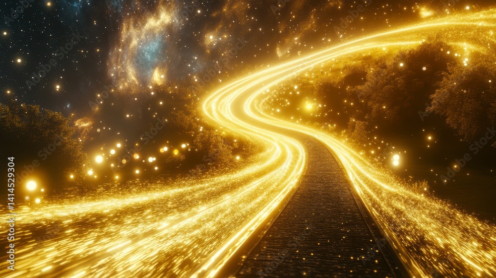 Aufkleber glowing path winding through a mystical forest under a starry sky.