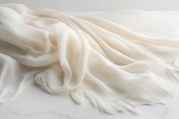 Fototapeta premium Draped off-white sheer fabric with a fringed edge, elegant and soft texture.