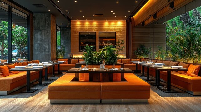 Upscale Restaurant Interior with Contemporary Design and Lush Greenery