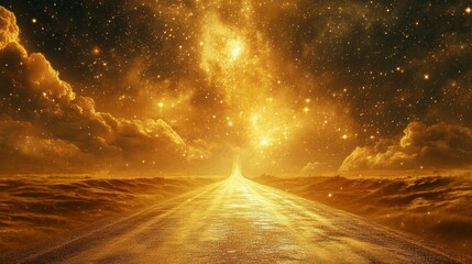 Golden road leading to a starry night sky, cosmic landscape.