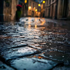 Fototapeta premium Rainy night reflections cobblestone streets urban scene soft lighting low angle serenity in the city
