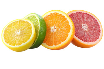 Fototapeta premium Citrus Symphony: A vibrant composition showcasing the juicy halves of lemon, lime, orange and grapefruit. A delightful assortment of fresh fruits for a burst of flavor and a splash of color.