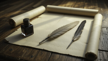 Naklejka premium ancient writing setup with scrolls, quills, and ink bottle on wooden table