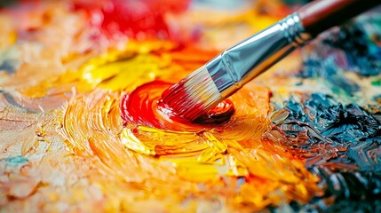 Obraz premium Vibrant Creative Studio Close-Up of Paintbrush Blending Red and Yellow Acrylics on Textured Canvas