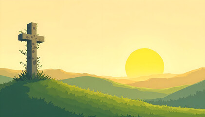 Minimalistic cross on hill with soft sunset and clean empty space


