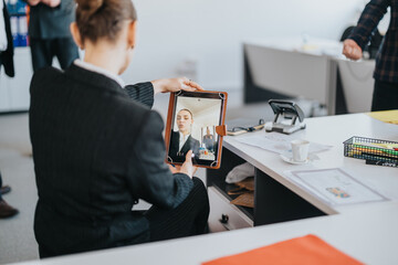 Professional setting showing a businesswoman taking a picture in an office environment.