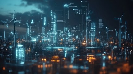 Fototapeta premium futuristic graphic icons of Scada system of operator controller engineer at wind turbines farm.