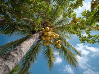 Fototapeta premium Towering Palm Tree Reaching for the Sky - Tropical Paradise Landscape with Blue Sky and Fluffy Clouds, Nature Background.