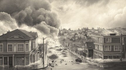 A black and white photo of a city street with a fire in the background