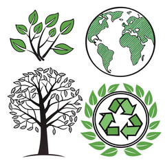 Ecology Icon Set: Nature, Environment, and Recycling Flat Vector Illustrations