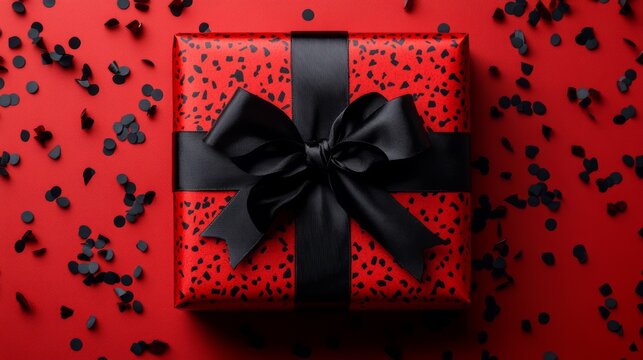 Festive Gift: A beautifully wrapped gift, adorned with a stylish black bow and ribbon, sits elegantly against a vibrant red background with decorative confetti adding touch of elegance. 