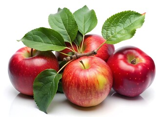 A twig with ripe red apples and green leaves is shown against a bright white background