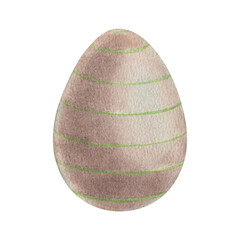 Chicken egg with green stripes for Easter. Hand drawn watercolor illustration of colored decorative element for spring holiday on isolated background. Perfect for greeting cards, posters, invitations.