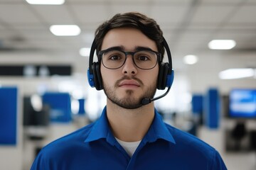 Obraz premium Young man in headset shows focus and professionalism in modern o