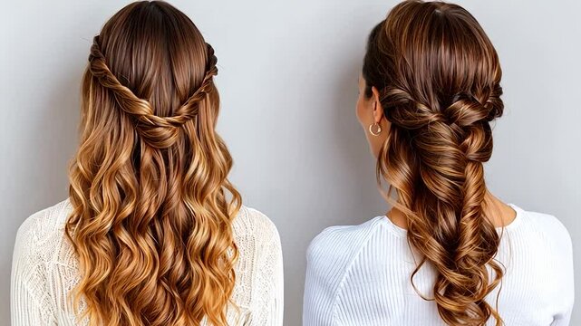 Two elegant hairstyles showcasing intricate braids and waves against a neutral background