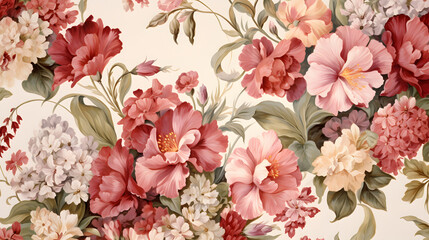 carnations and snowdrop flowers with antique Chintz style wallpaper background poster decorative painting