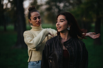 Obraz premium Two women spending time together outdoors in a park, sharing friendly moments and smiles. The scene captures friendship, connection, and natural beauty.