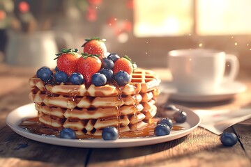 Delicious Belgian Waffles with Whipped Cream, Raspberries, and Syrup on Pink Plate