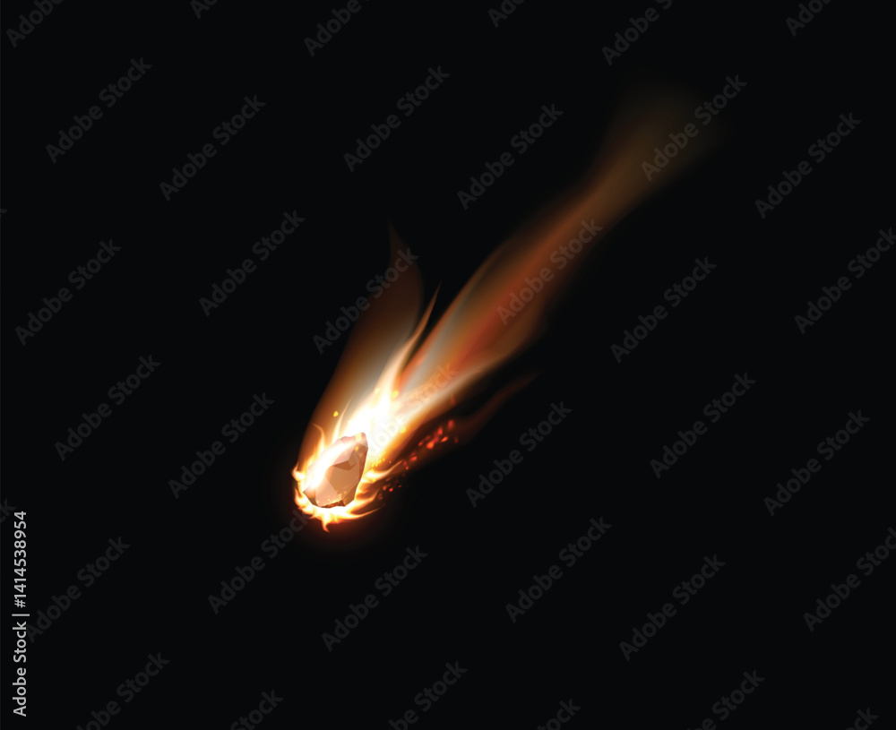 Canvas Prints falling asteroid or comet with orange fire tail, realistic 3d vector high speed flying meteorite in 