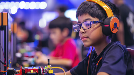 Diverse children engaged in robotics, focused and learning technology