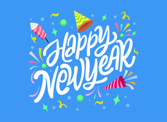 Obraz premium Colorful Happy New Year lettering graphic vector illustration with blue background