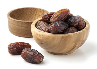 Obraz premium A wooden bowl filled with dried dates is presented against a white background