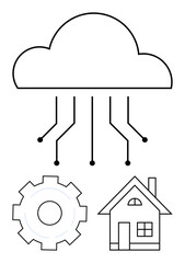 Cloud with connection lines, gear, house representing technology, innovation, IoT, cloud services, smart home management, data storage automation. Ideal for tech home systems smart technologies