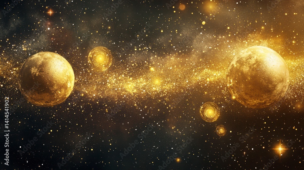 Poster golden planets and nebula in deep space.