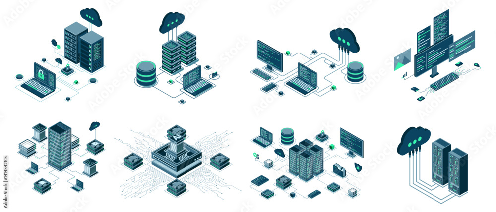 Fototapete set of isometric modern technology concept for cloud computing, datacenter, database, artificial int