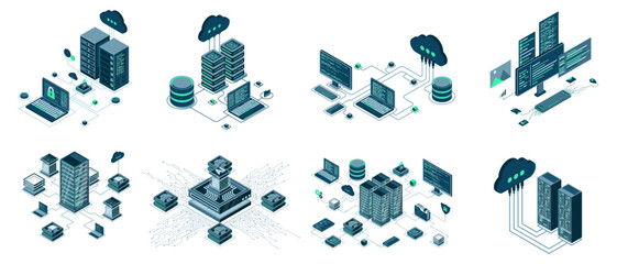 Set of isometric modern technology concept for cloud computing, Datacenter, Database, artificial intelligence, and blockchain technology. Isometric technology