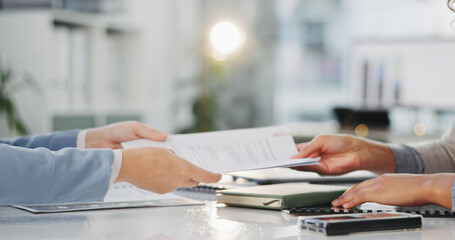 Meeting, hands and business people with contract in office for interview, documents or negotiation. Terms, conditions and discussion with registration, form and consulting agreement or proposal