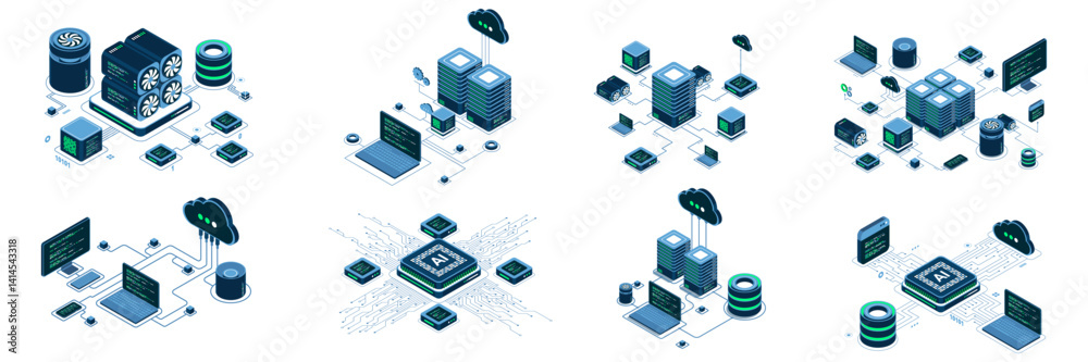 Fototapete set of isometric modern technology concept for cloud computing, datacenter, database, artificial int