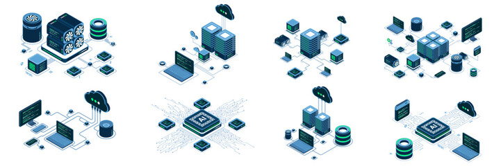 Set of isometric modern technology concept for cloud computing, Datacenter, Database, artificial intelligence, and blockchain technology. Isometric technology