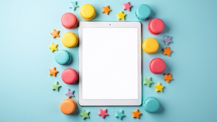Tablet Computer Surrounded By Macarons, Candy