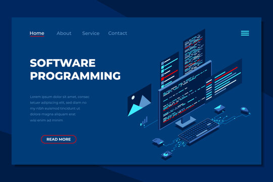 Software programming isometric landing page. Programming languages interface on computer screen. Programmer coding. Isometric technology