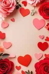 Paper roses & hearts frame on beige