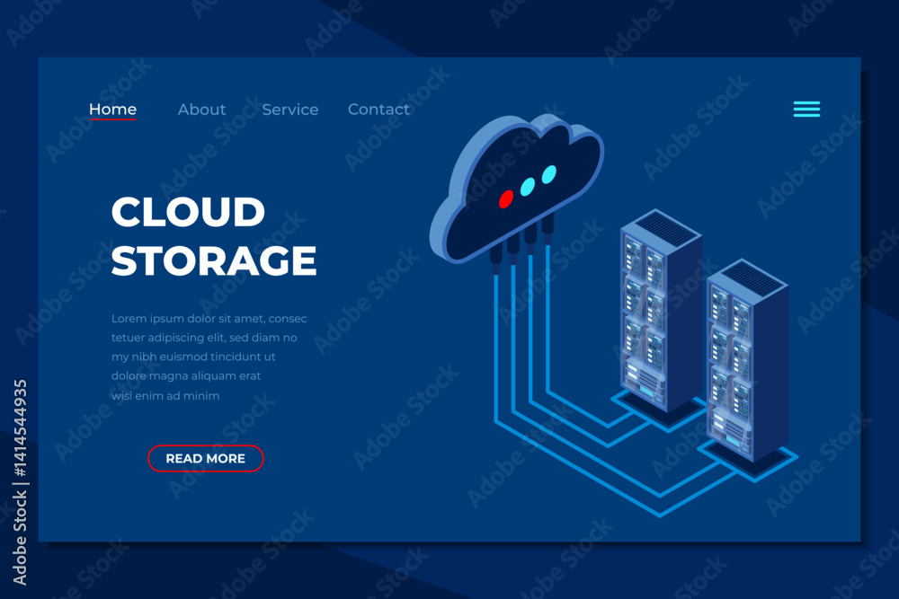 Poster cloud computing isometric landing page. cloud storage server. cloud computing online database techno