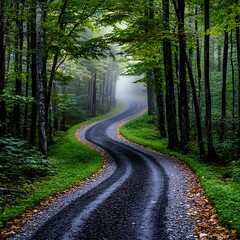 Fototapeta premium Winding path through dense woodland fog serene morning scene nature photography tranquil environment