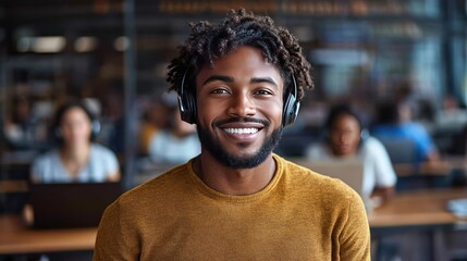 Fototapeta premium Smiling Customer Service Representative: A close-up view of a cheerful customer service representative wearing headphones, radiating confidence and approachability.