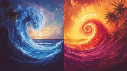 Two paintings of waves, one blue and one red