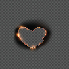 Obraz premium Paper burning heart frame, vector realistic overlay romantic flaming paper with fire black ash on transparent background