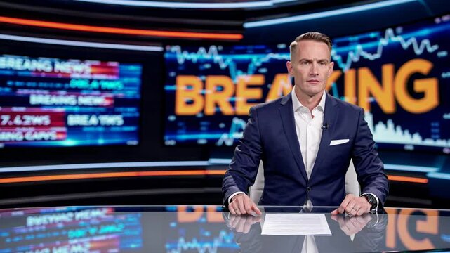 News anchor sits at desk in television studio, presenting breaking news against dynamic graphics and info tickers that energize room. News anchor shows steady insight. Concept news anchor.