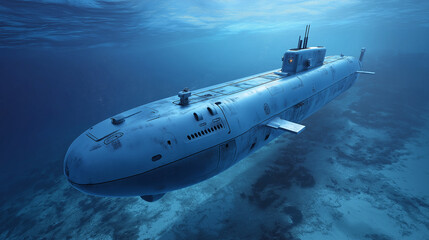Fototapeta premium Unmanned Submarine Speeding Across Ocean Floor Mapping Deep Sea Terrain With Advanced Precision Autonomous Sensors